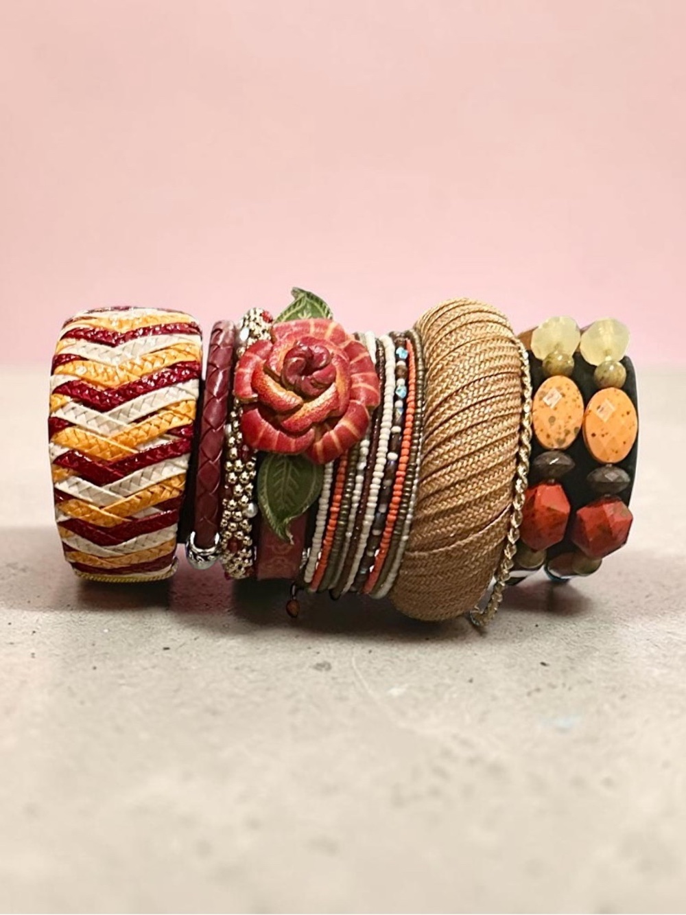 Boho Mixed Coral & Gold Curated Bracelet Stack Set • Artisan Beaded Bangles